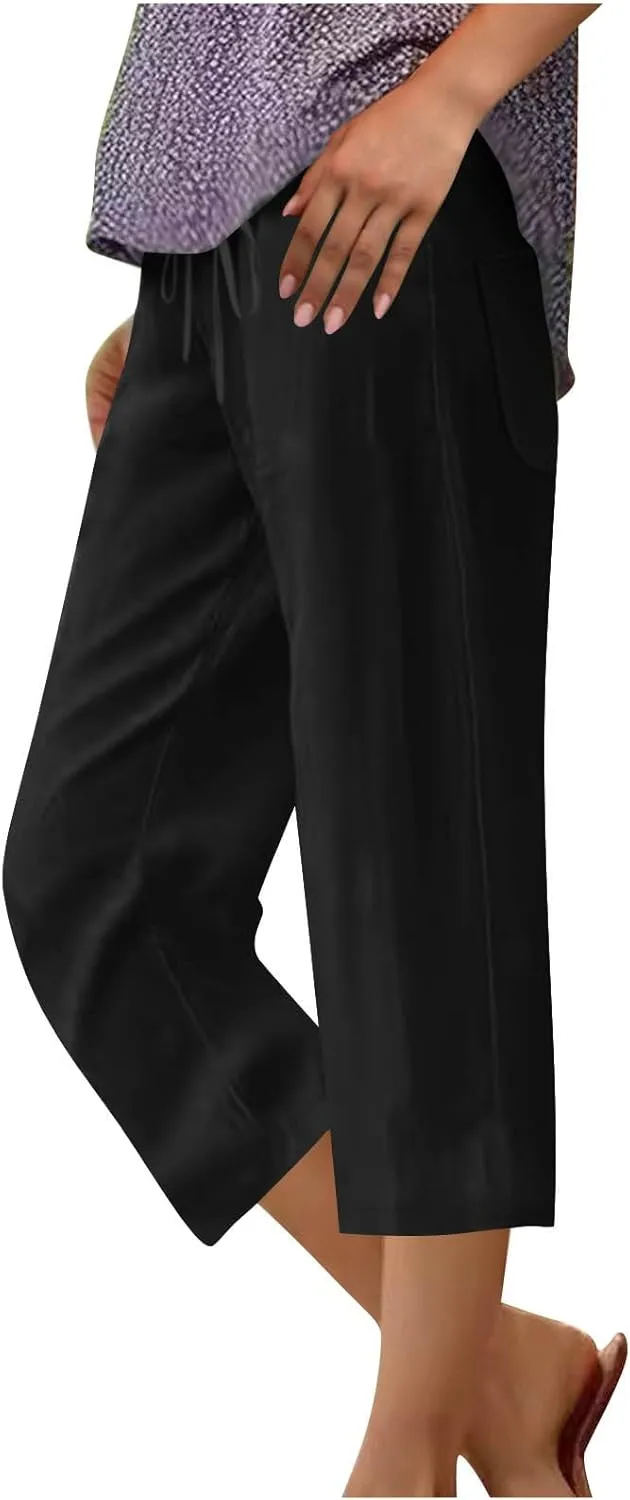 Plus Size Capri Pants for Women 2025 Casual Summer Elastic Drawstring Straight Leg Cropped Pant Loose Comfy Beach Capris