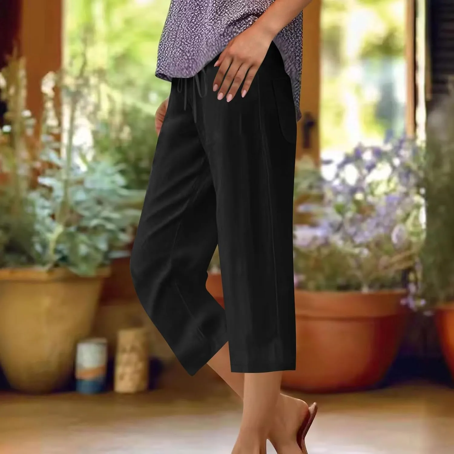 Plus Size Capri Pants for Women 2025 Casual Summer Elastic Drawstring Straight Leg Cropped Pant Loose Comfy Beach Capris