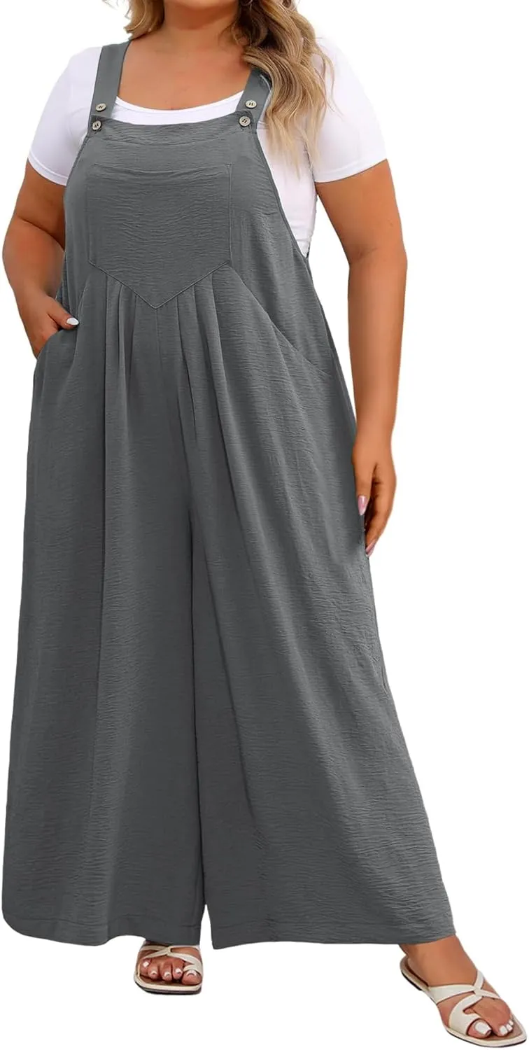 Plus Size Jumpsuit For Women Summer Casual Wide Leg Overalls Adjustable Strap Loose Rompers With Pockets