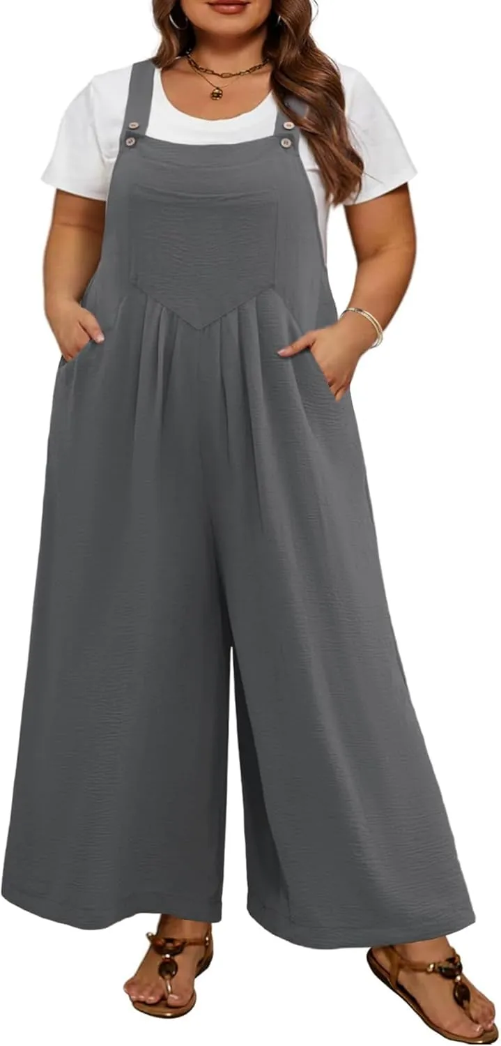 Plus Size Jumpsuit For Women Summer Casual Wide Leg Overalls Adjustable Strap Loose Rompers With Pockets