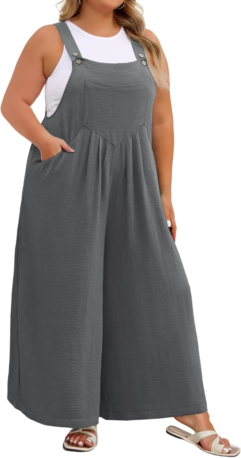 Plus Size Jumpsuit For Women Summer Casual Wide Leg Overalls Adjustable Strap Loose Rompers With Pockets