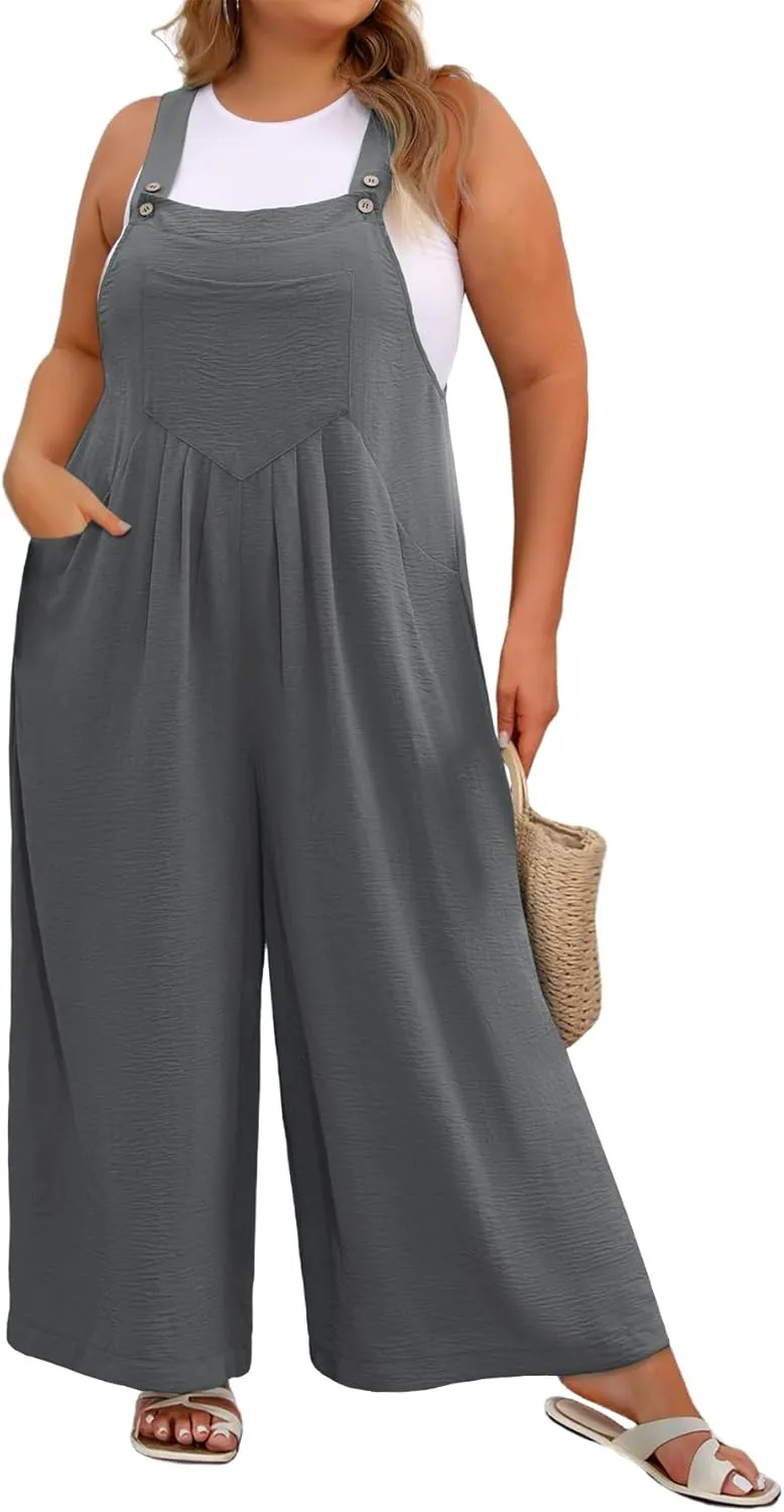 Plus Size Jumpsuit For Women Summer Casual Wide Leg Overalls Adjustable Strap Loose Rompers With Pockets
