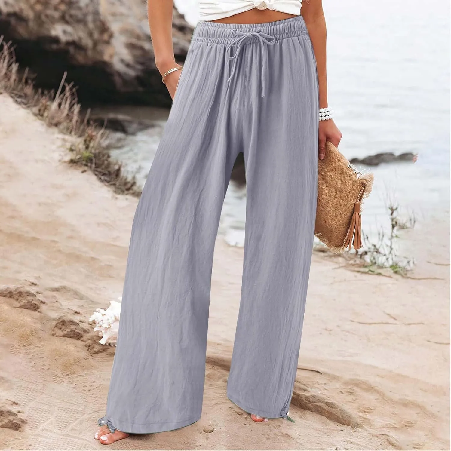 Plus Size Solid Relaxed Crinkle Pants Wide Leg Casual Summer High Waist Trousers Fashion Work Office Cropped Pant