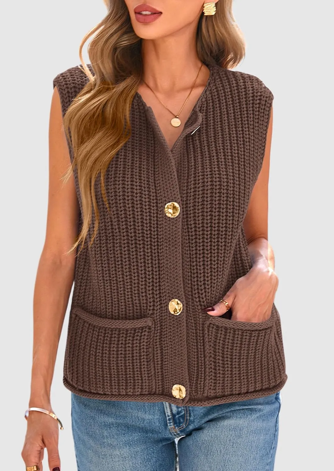 PRETTYGARDEN Women's Summer Sweaters Vest 2025 Sleeveless Button Down Cropped Pockets Chunky Knit Cardigan Trendy Tank Tops