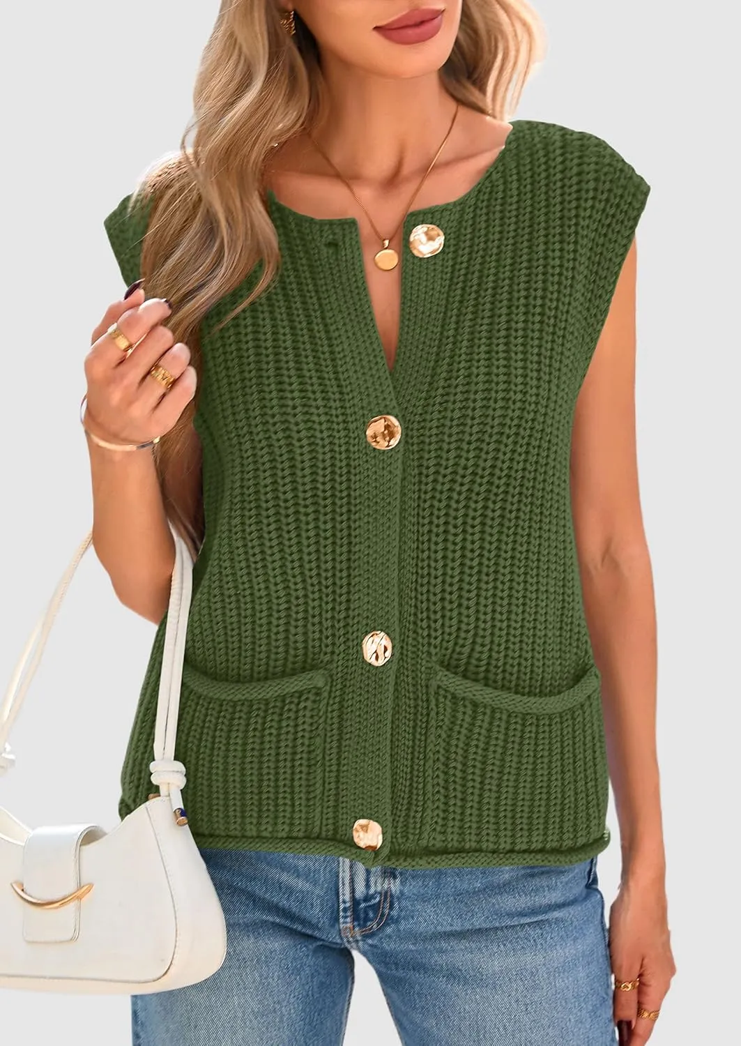 PRETTYGARDEN Women's Summer Sweaters Vest 2025 Sleeveless Button Down Cropped Pockets Chunky Knit Cardigan Trendy Tank Tops