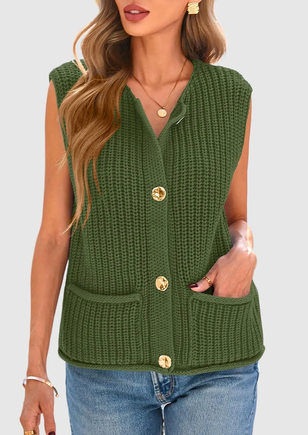 PRETTYGARDEN Women's Summer Sweaters Vest 2025 Sleeveless Button Down Cropped Pockets Chunky Knit Cardigan Trendy Tank Tops