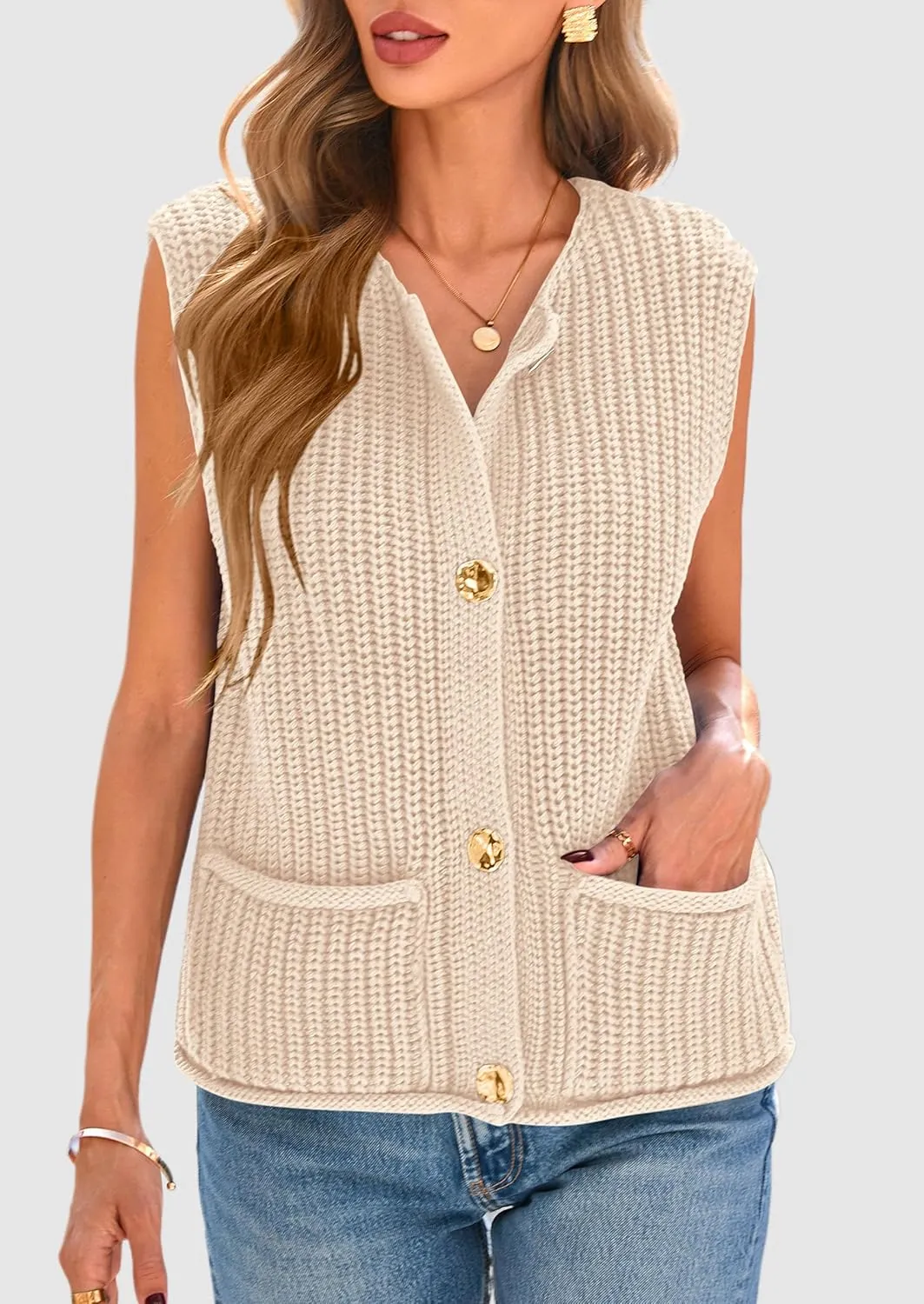 PRETTYGARDEN Women's Summer Sweaters Vest 2025 Sleeveless Button Down Cropped Pockets Chunky Knit Cardigan Trendy Tank Tops