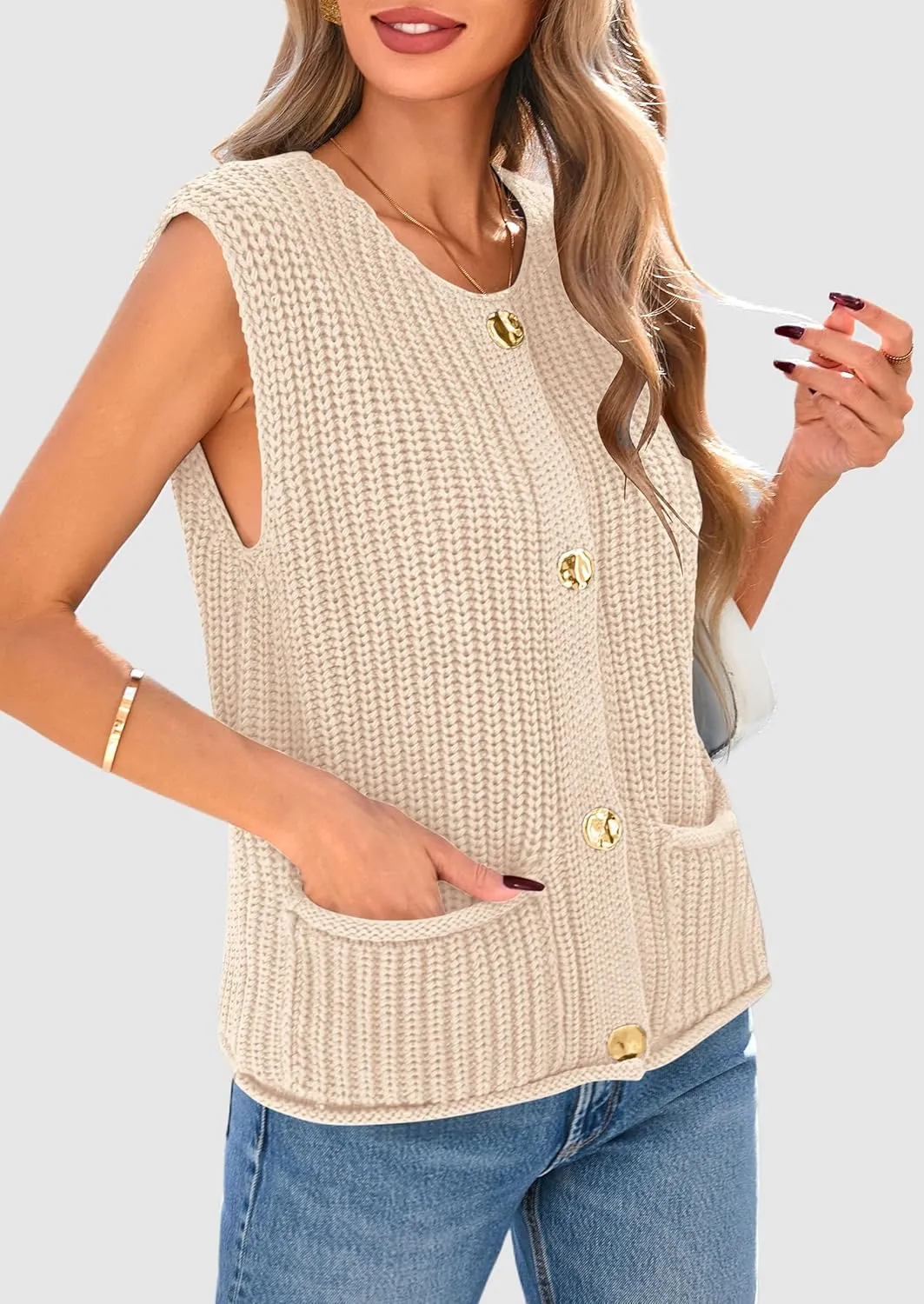 PRETTYGARDEN Women's Summer Sweaters Vest 2025 Sleeveless Button Down Cropped Pockets Chunky Knit Cardigan Trendy Tank Tops