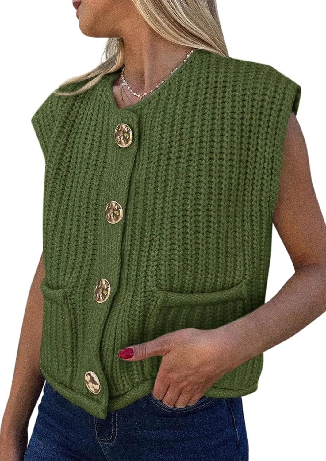 PRETTYGARDEN Women's Summer Sweaters Vest 2025 Sleeveless Button Down Cropped Pockets Chunky Knit Cardigan Trendy Tank Tops