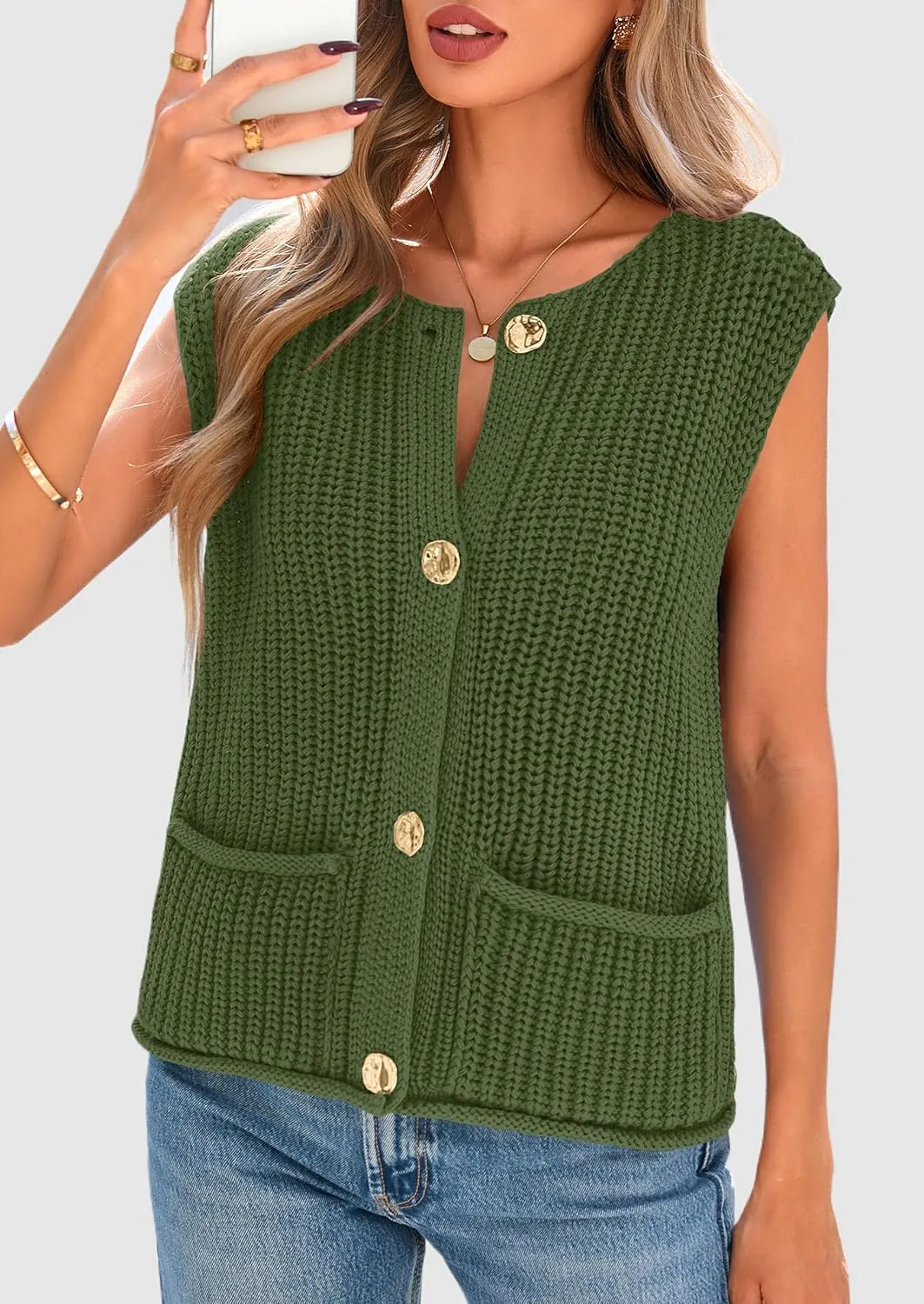 PRETTYGARDEN Women's Summer Sweaters Vest 2025 Sleeveless Button Down Cropped Pockets Chunky Knit Cardigan Trendy Tank Tops