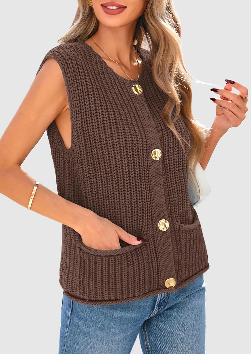 PRETTYGARDEN Women's Summer Sweaters Vest 2025 Sleeveless Button Down Cropped Pockets Chunky Knit Cardigan Trendy Tank Tops