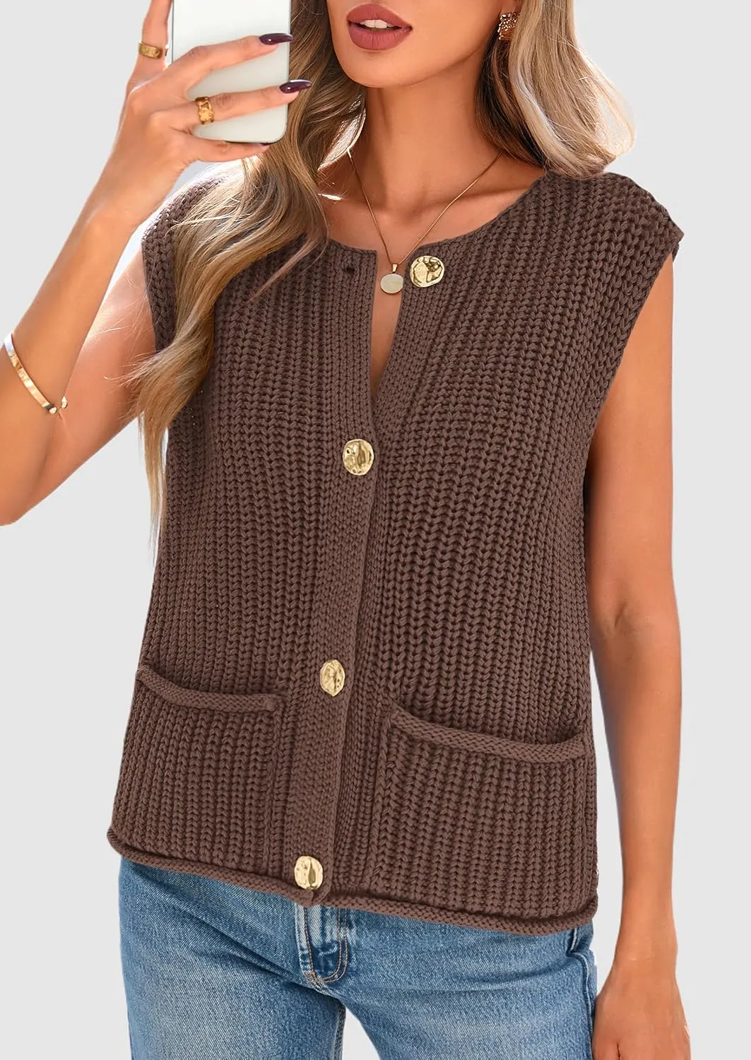 PRETTYGARDEN Women's Summer Sweaters Vest 2025 Sleeveless Button Down Cropped Pockets Chunky Knit Cardigan Trendy Tank Tops
