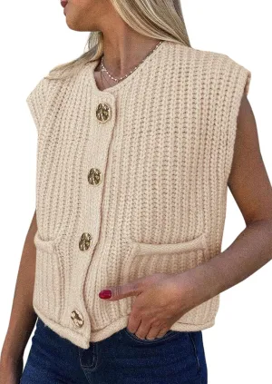 PRETTYGARDEN Women's Summer Sweaters Vest 2025 Sleeveless Button Down Cropped Pockets Chunky Knit Cardigan Trendy Tank Tops
