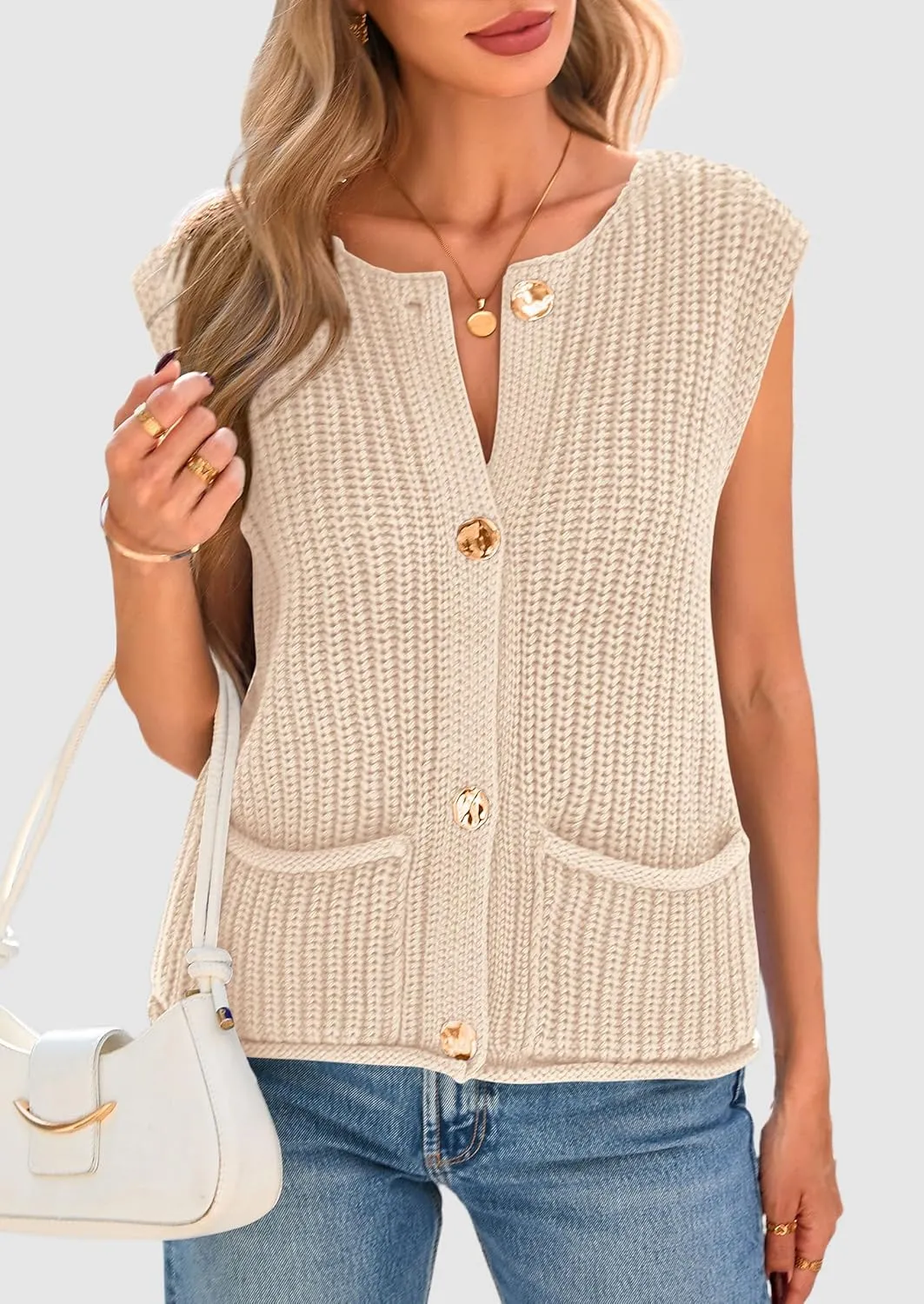 PRETTYGARDEN Women's Summer Sweaters Vest 2025 Sleeveless Button Down Cropped Pockets Chunky Knit Cardigan Trendy Tank Tops