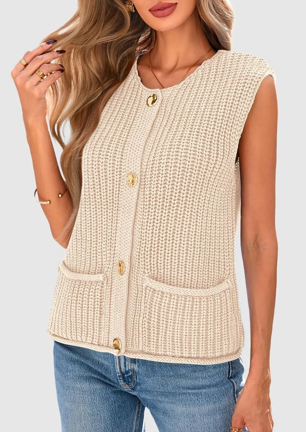 PRETTYGARDEN Women's Summer Sweaters Vest 2025 Sleeveless Button Down Cropped Pockets Chunky Knit Cardigan Trendy Tank Tops