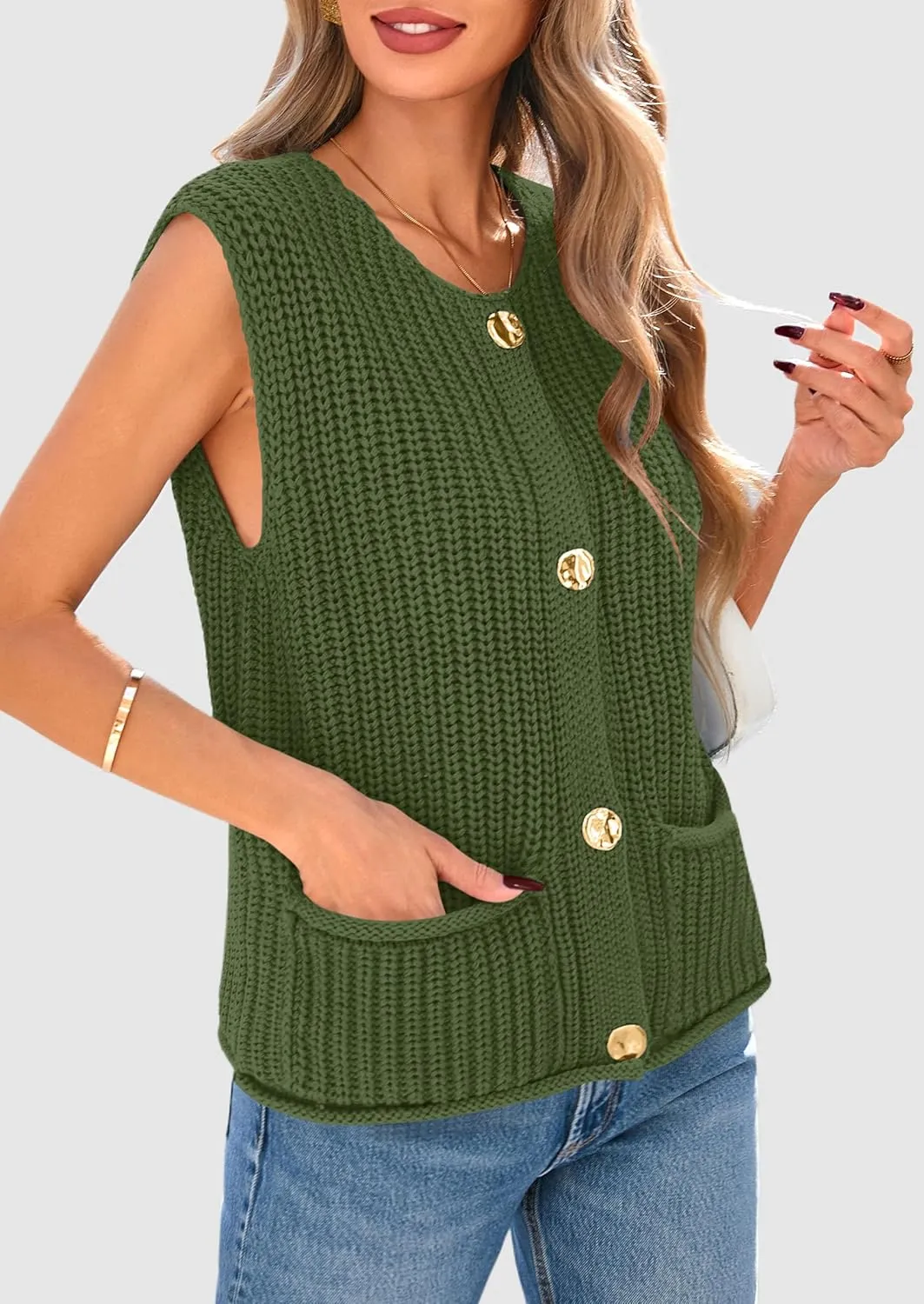 PRETTYGARDEN Women's Summer Sweaters Vest 2025 Sleeveless Button Down Cropped Pockets Chunky Knit Cardigan Trendy Tank Tops