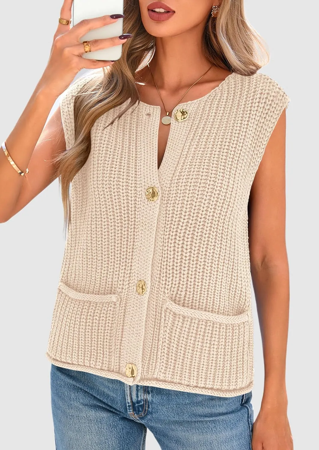 PRETTYGARDEN Women's Summer Sweaters Vest 2025 Sleeveless Button Down Cropped Pockets Chunky Knit Cardigan Trendy Tank Tops