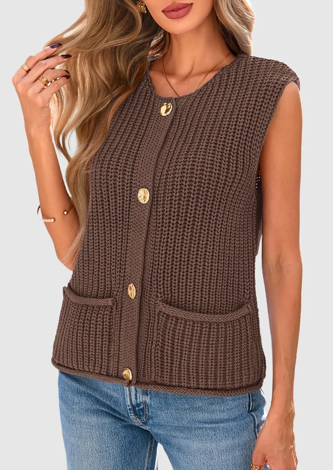 PRETTYGARDEN Women's Summer Sweaters Vest 2025 Sleeveless Button Down Cropped Pockets Chunky Knit Cardigan Trendy Tank Tops