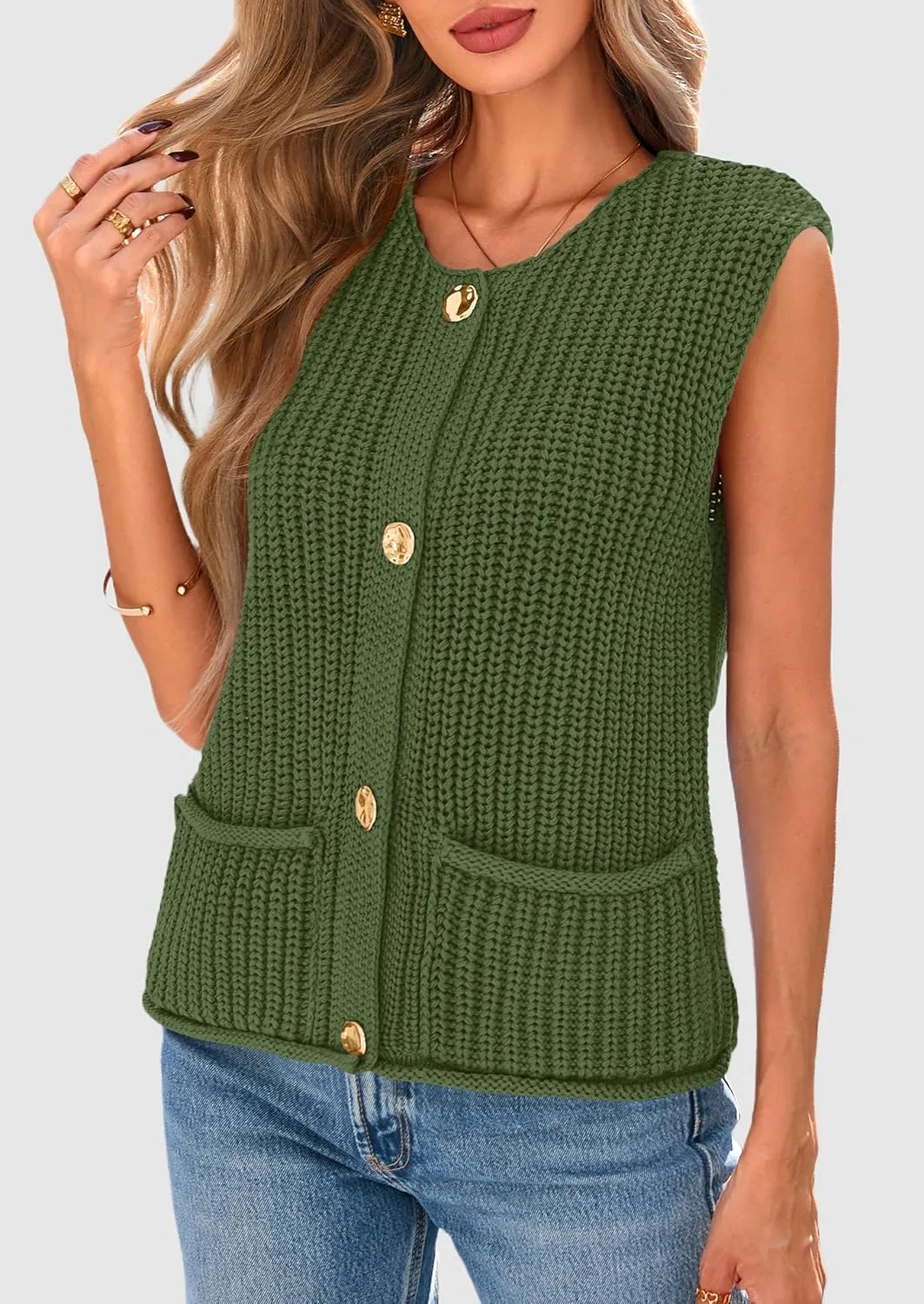 PRETTYGARDEN Women's Summer Sweaters Vest 2025 Sleeveless Button Down Cropped Pockets Chunky Knit Cardigan Trendy Tank Tops