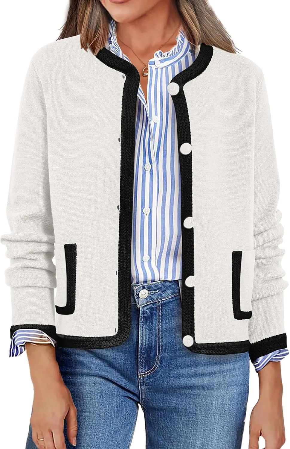 PRETTYGARDEN Women's Winter Trendy Button Down Open Front Cardigan Sweaters Knit Color Block Jackets Fall Fashion Clothes