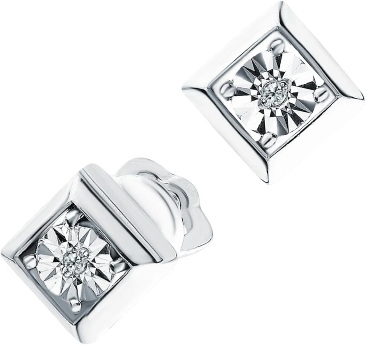 Princess Shape Diamond (0.04ct) Stud Earring, Square Frame Earring, 14K White Gold Studs, Dainty Minimalist Stud, Gift For Women