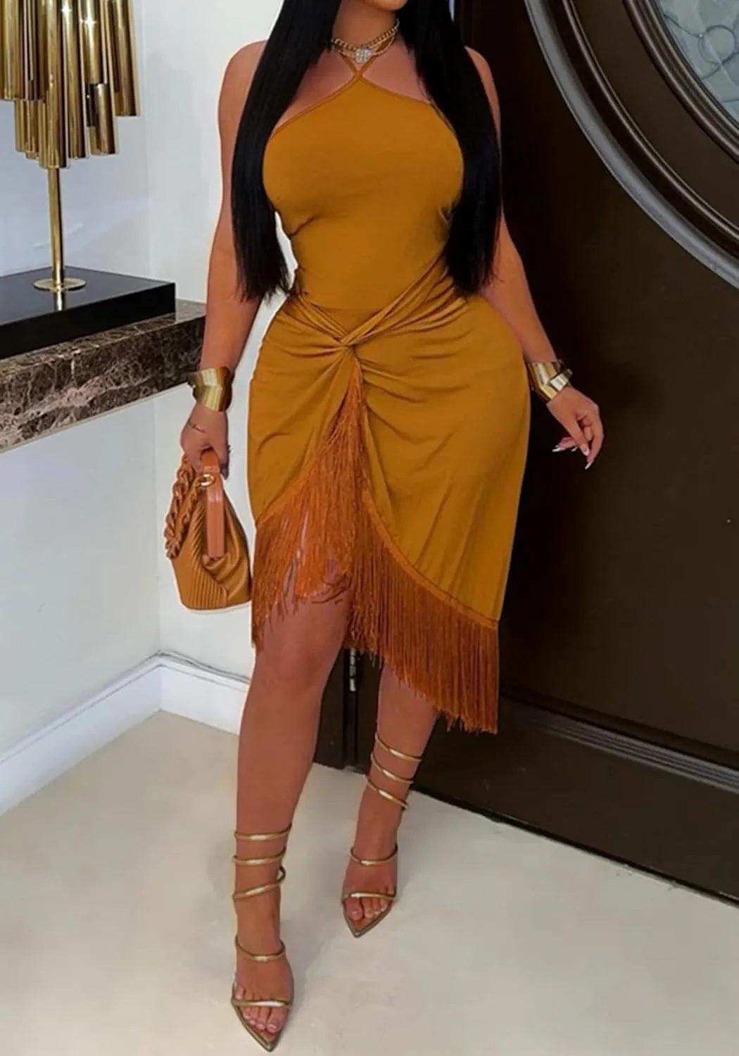 Ptorlio Summer Halter Dresses for Women Sexy Midi Party Beach Bodycon Backless Ruched Fringe Asymmetrical Dress