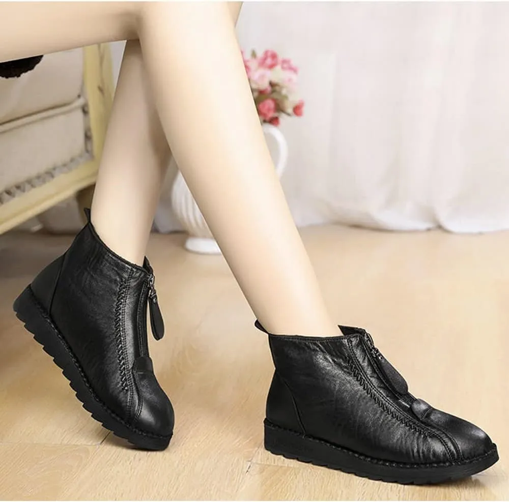 QINGCOMFACAI Womens Winter Shoes Retro Soft Leather Velvet Waterproof Warm Thicken Plush Snow Boots Anti-Slip Outdoors Flat Ankle Boots