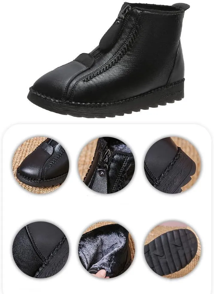 QINGCOMFACAI Womens Winter Shoes Retro Soft Leather Velvet Waterproof Warm Thicken Plush Snow Boots Anti-Slip Outdoors Flat Ankle Boots
