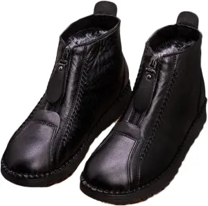 QINGCOMFACAI Womens Winter Shoes Retro Soft Leather Velvet Waterproof Warm Thicken Plush Snow Boots Anti-Slip Outdoors Flat Ankle Boots