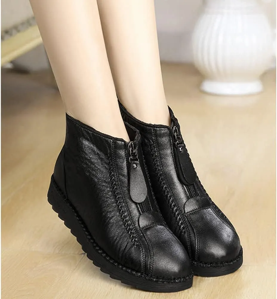 QINGCOMFACAI Womens Winter Shoes Retro Soft Leather Velvet Waterproof Warm Thicken Plush Snow Boots Anti-Slip Outdoors Flat Ankle Boots
