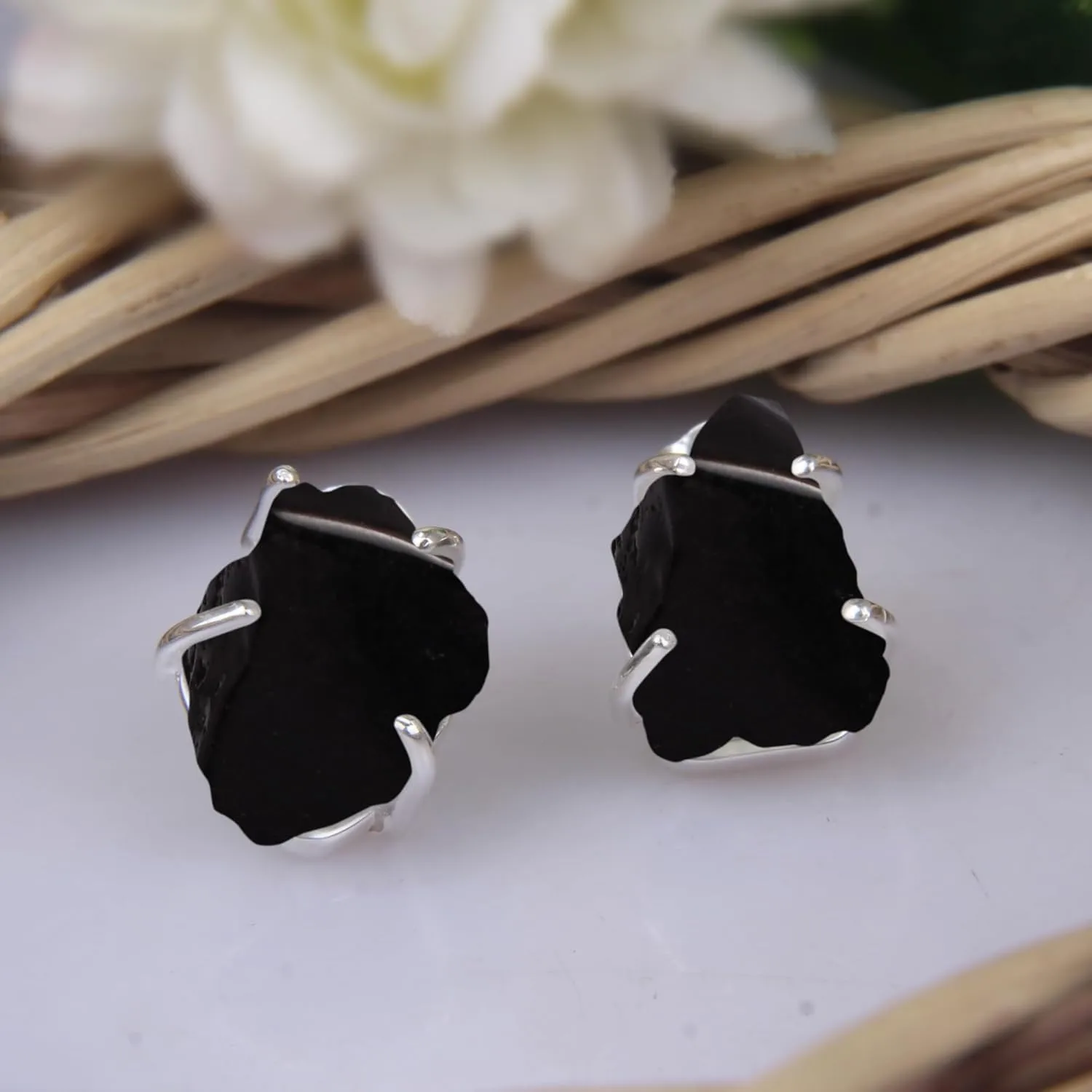 Raw Gemstone Herkimer Diamond Stud Earrings, 925 Sterling Silver Minimalist Jewelry Women Gift for Her