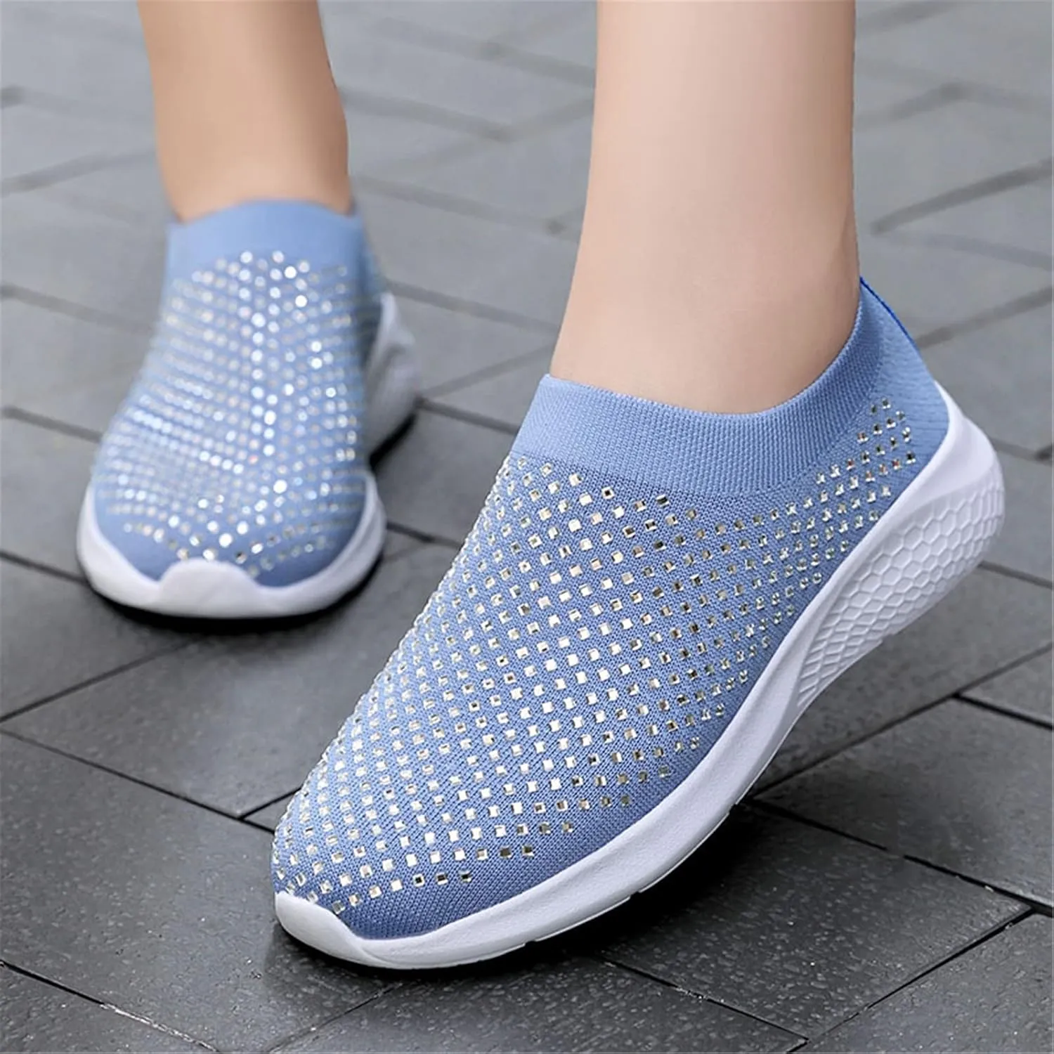 Rhinestone Sneaker Ladies Slip on Mesh Running Shoes Women's Ballroom Jazz Latin Dance Socks Sneakers Lightweight Breathable Fitness Walking Shoes