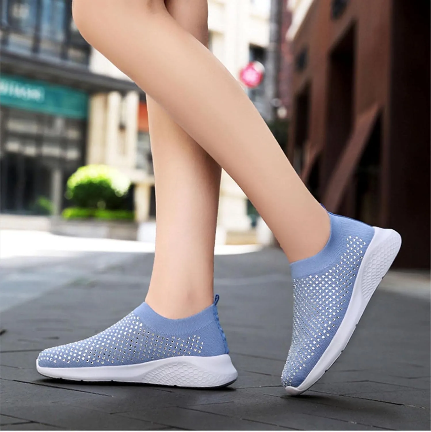 Rhinestone Sneaker Ladies Slip on Mesh Running Shoes Women's Ballroom Jazz Latin Dance Socks Sneakers Lightweight Breathable Fitness Walking Shoes