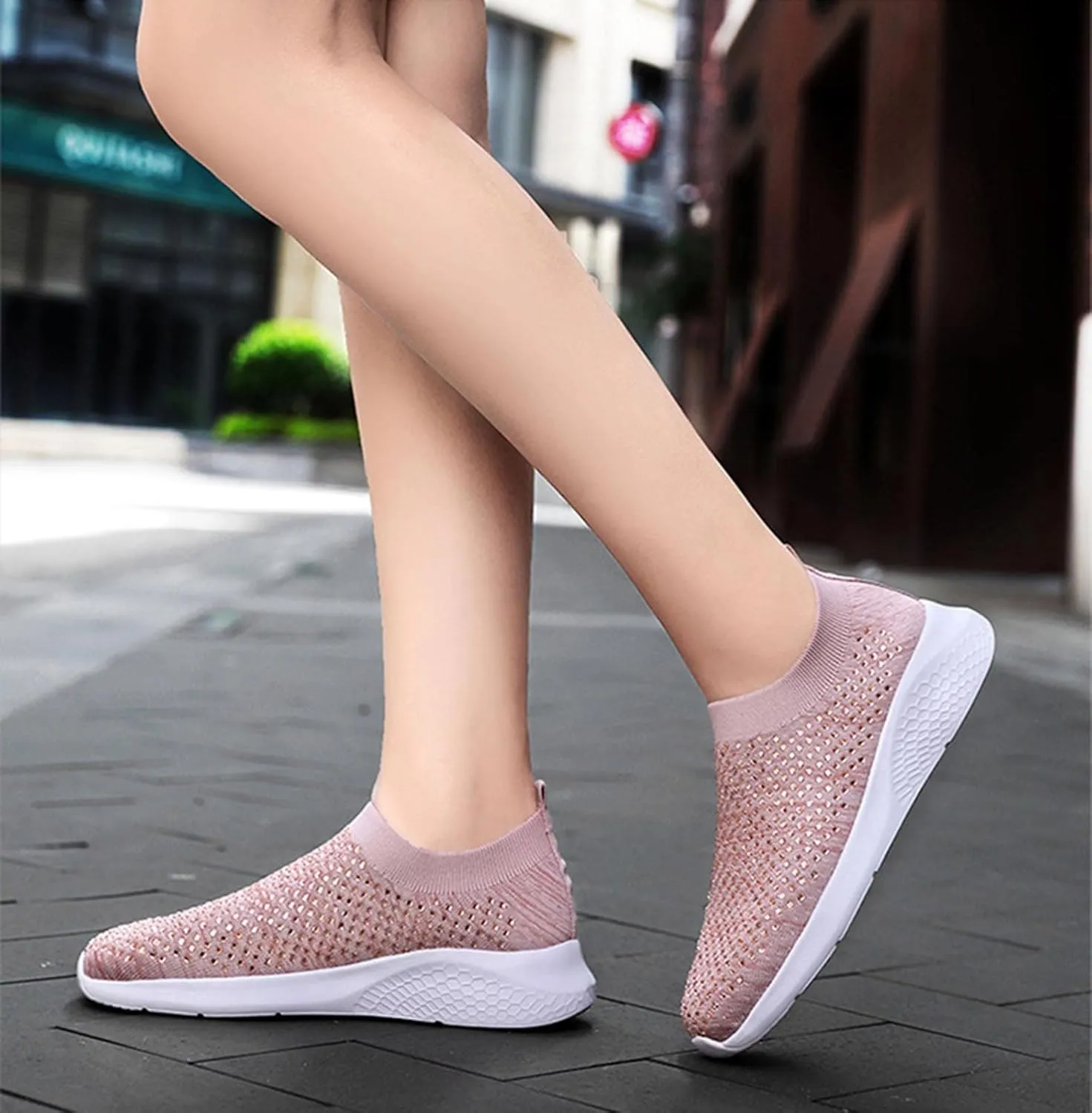 Rhinestone Sneaker Ladies Slip on Mesh Running Shoes Women's Ballroom Jazz Latin Dance Socks Sneakers Lightweight Breathable Fitness Walking Shoes
