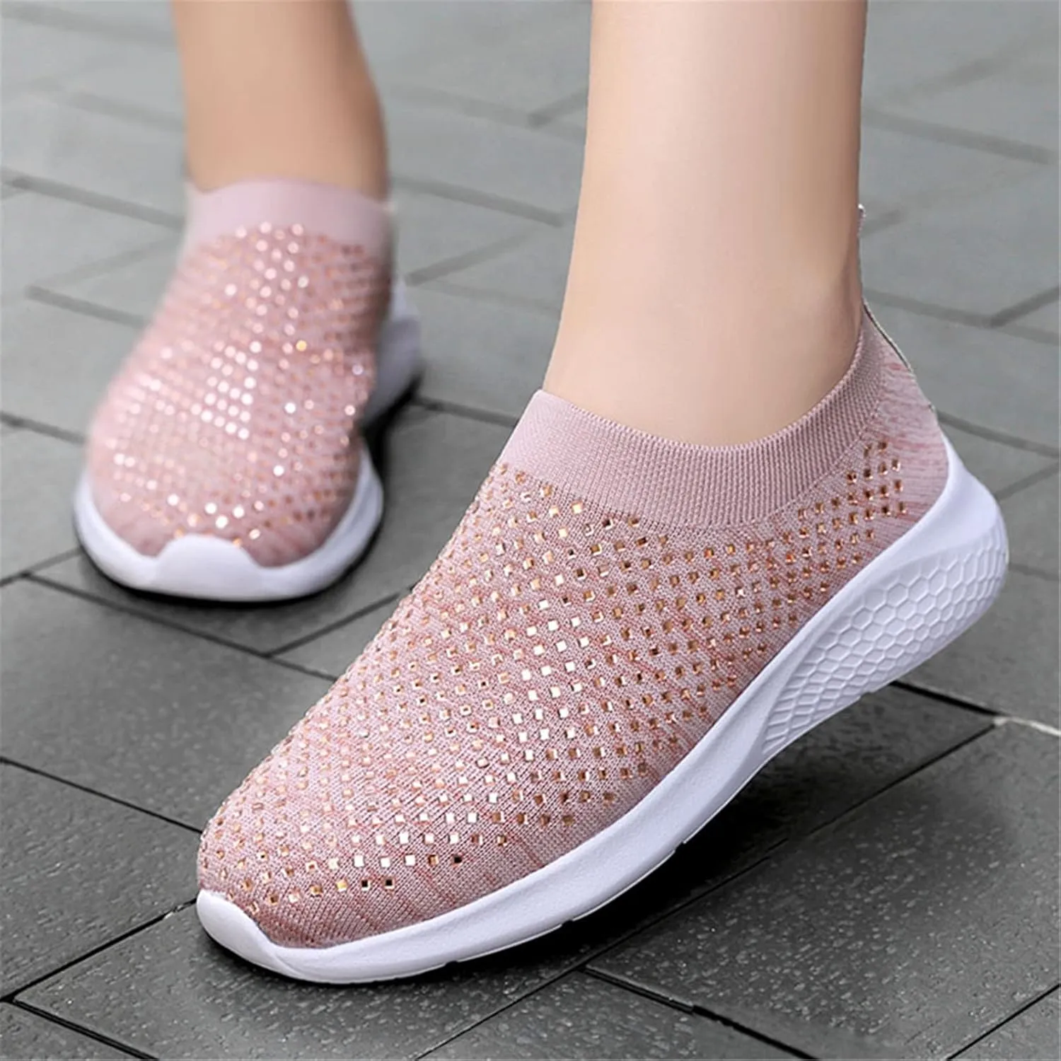 Rhinestone Sneaker Ladies Slip on Mesh Running Shoes Women's Ballroom Jazz Latin Dance Socks Sneakers Lightweight Breathable Fitness Walking Shoes
