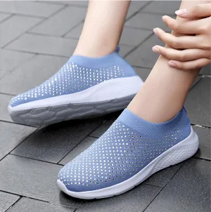 Rhinestone Sneaker Ladies Slip on Mesh Running Shoes Women's Ballroom Jazz Latin Dance Socks Sneakers Lightweight Breathable Fitness Walking Shoes