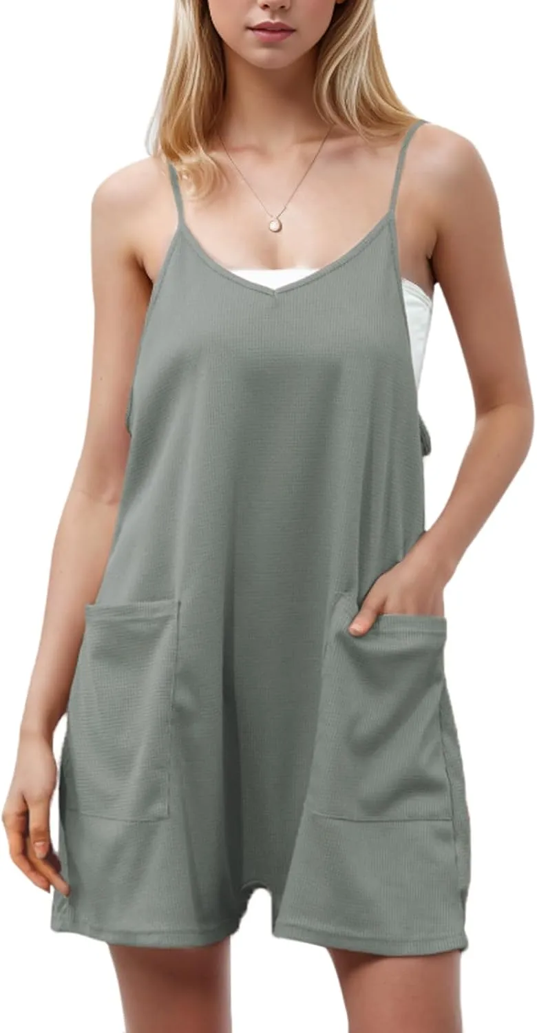 Rompers for Women Summer Casual Waffle Knit Sleeveless Rompers Loose Spaghetti Strap Shorts Jumpsuit with Pockets 2024,Light Gray,S
