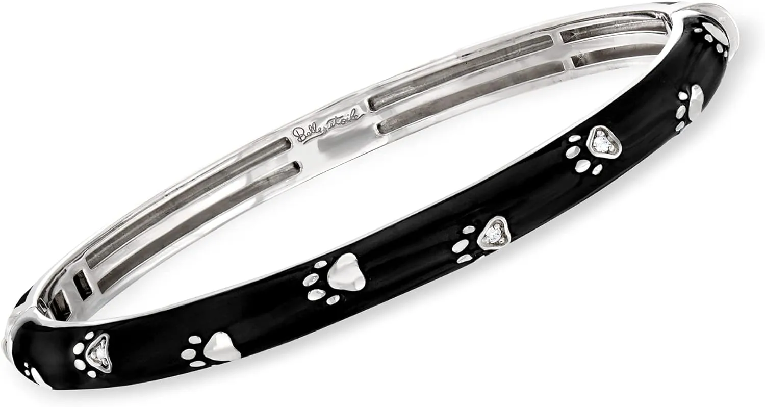 Ross-Simons Belle Etoile Paw Prints Black Enamel Bangle Bracelet With CZ Accents in Sterling Silver. 7 inches