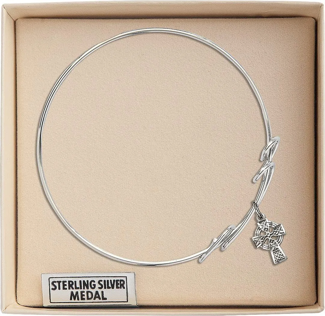 Round Double Loop Bangle Bracelet w/Celtic Cross in Sterling Silver