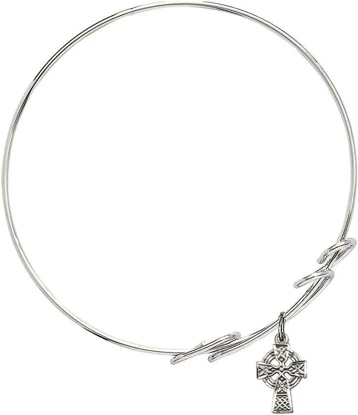Round Double Loop Bangle Bracelet w/Celtic Cross in Sterling Silver
