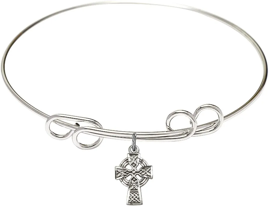 Round Double Loop Bangle Bracelet w/Celtic Cross in Sterling Silver