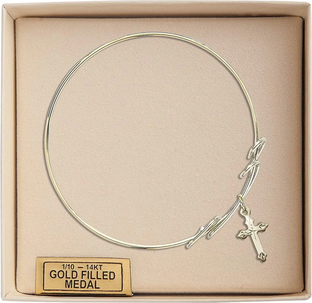 Round Double Loop Bangle Bracelet w/Cross in Gold-Filled