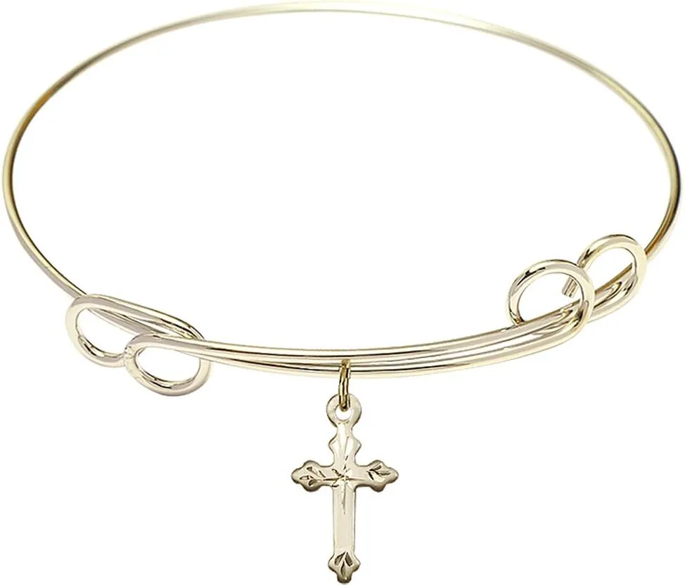 Round Double Loop Bangle Bracelet w/Cross in Gold-Filled
