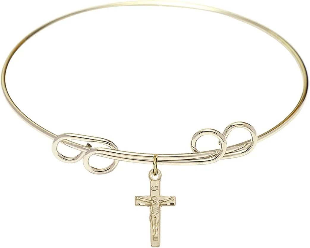 Round Double Loop Bangle Bracelet w/Crucifix in Gold-Filled