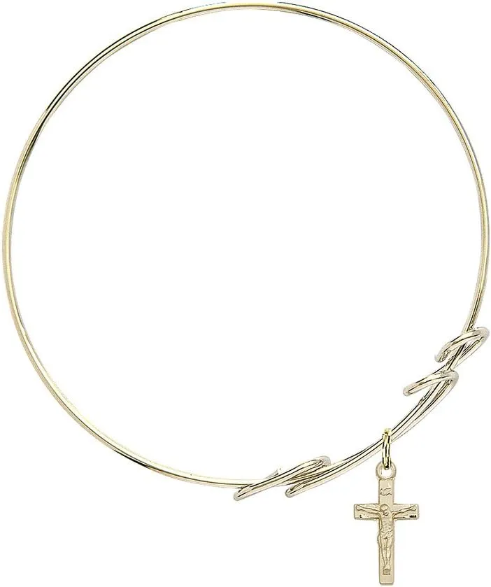 Round Double Loop Bangle Bracelet w/Crucifix in Gold-Filled