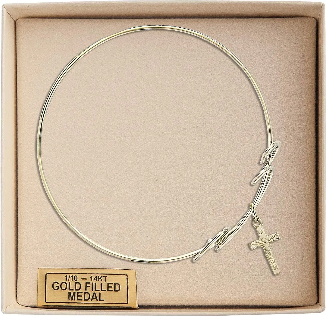 Round Double Loop Bangle Bracelet w/Crucifix in Gold-Filled