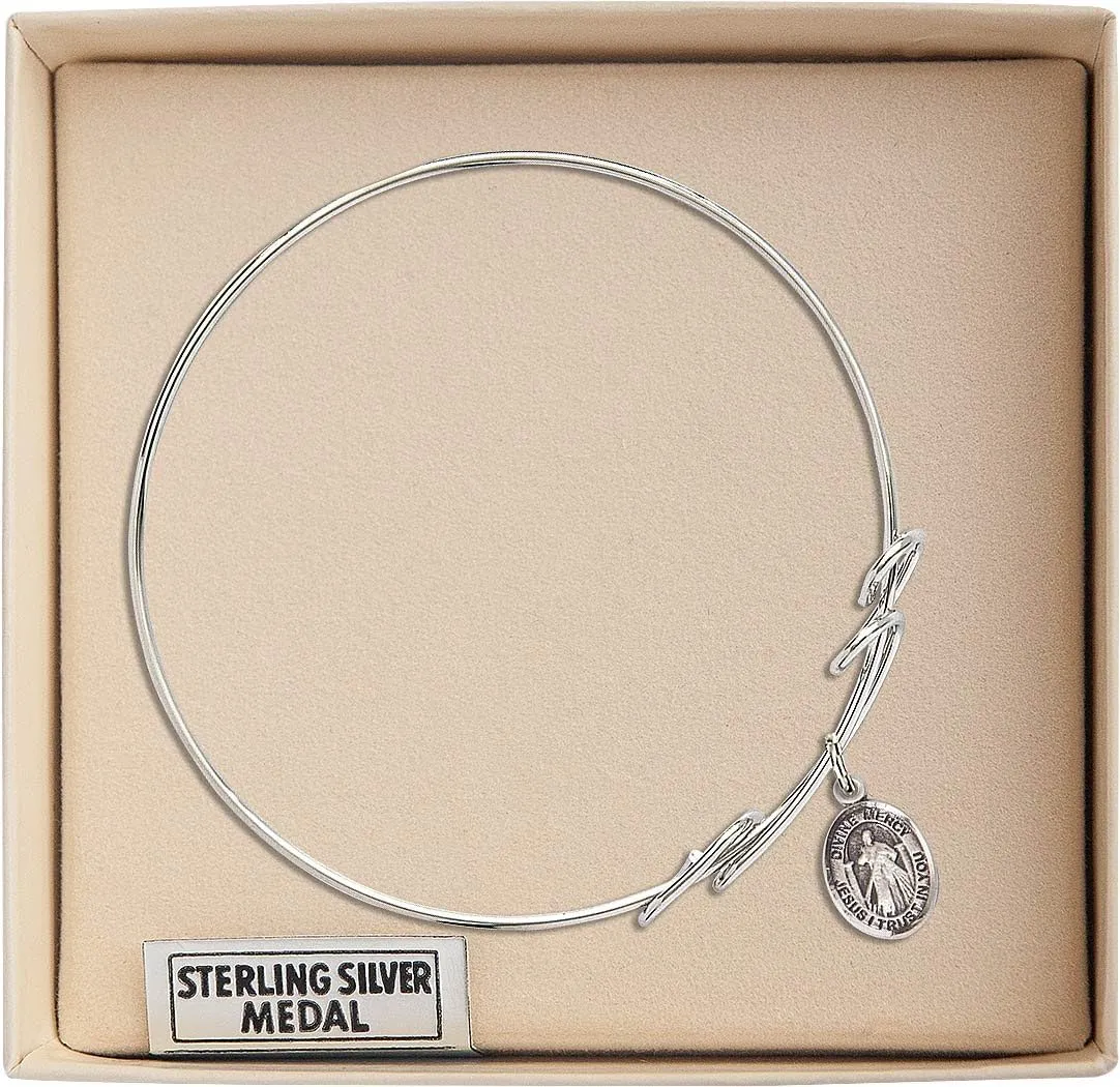 Round Double Loop Bangle Bracelet w/Divine Mercy in Sterling Silver
