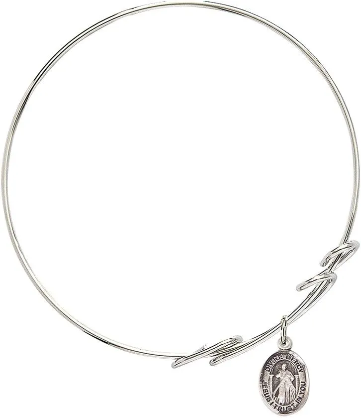 Round Double Loop Bangle Bracelet w/Divine Mercy in Sterling Silver