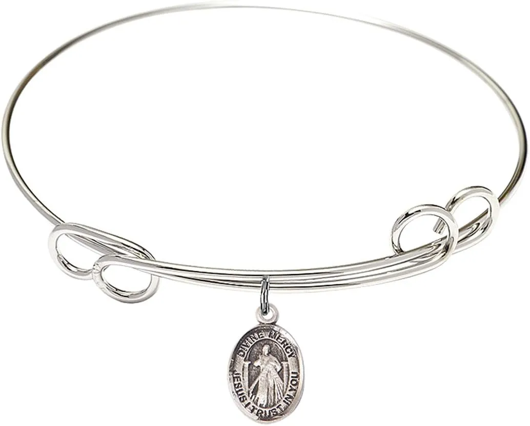 Round Double Loop Bangle Bracelet w/Divine Mercy in Sterling Silver