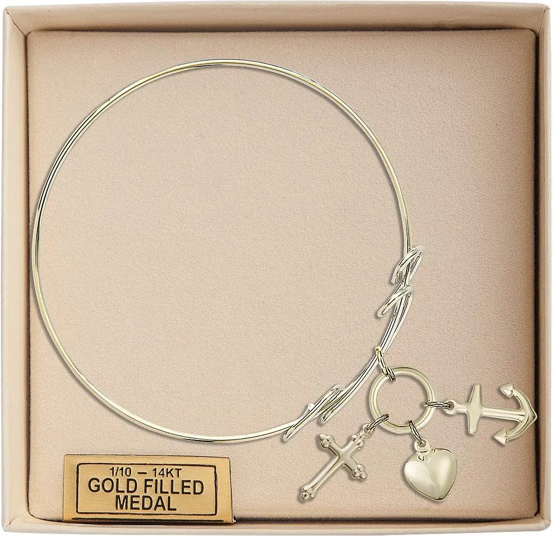 Round Double Loop Bangle Bracelet w/Faith Hope & Charity in Gold-Filled